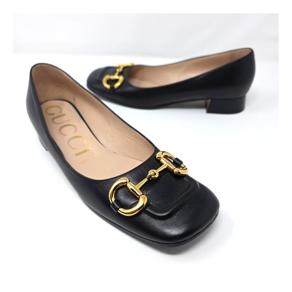 Gucci Baby Horsebit Black Leather Square Toe Loafer Pumps Gold 38.5 US 8.5